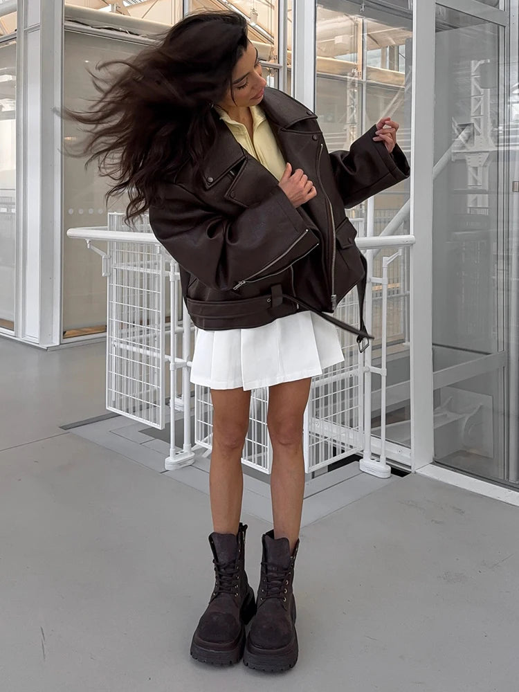 Women Chic Brown Leather Jacket With Belt Chic Full Sleeve Laple Zipper Short Coats 2025 Autumn New Ladies Street Biker Jackets