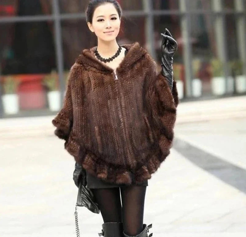 Knitted Real Mink Fur Hooded Ponchos