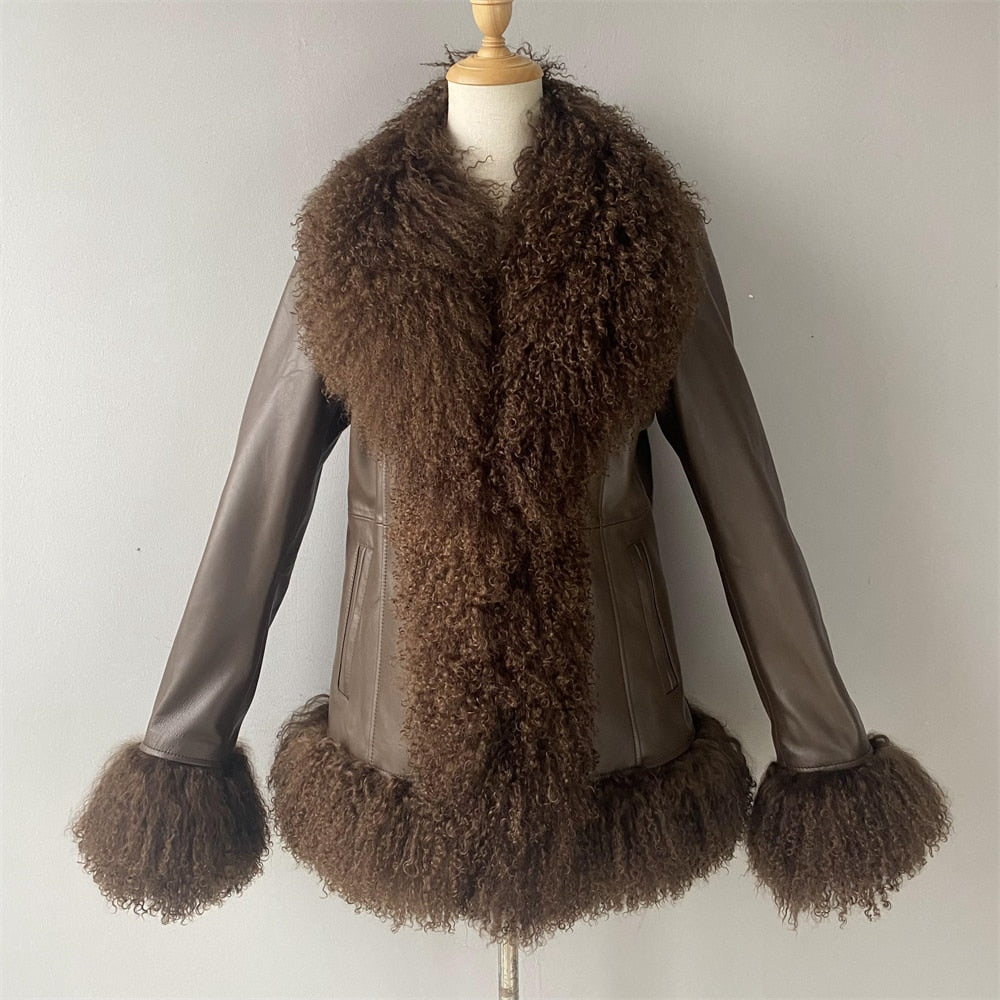 Genuine Leather Real Mongolia Fur Collar, Trim & Cuffs