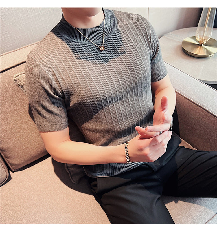 Ribbed Knitted Elasticity Half Collar T-Shirt