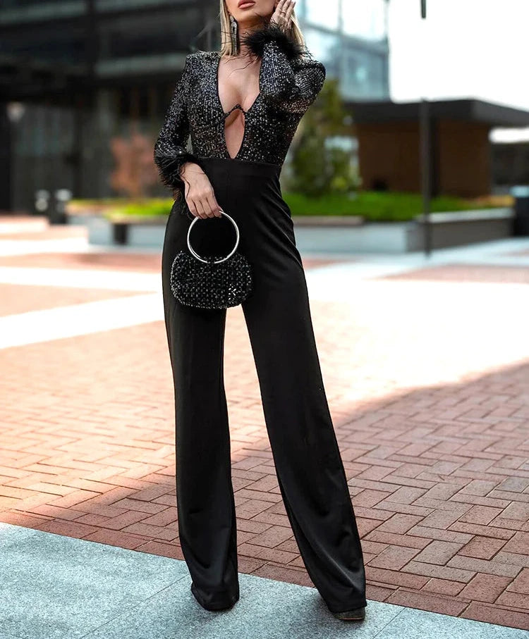 Sleeve Feather Cuff Deep V Sequin Jumpsuit