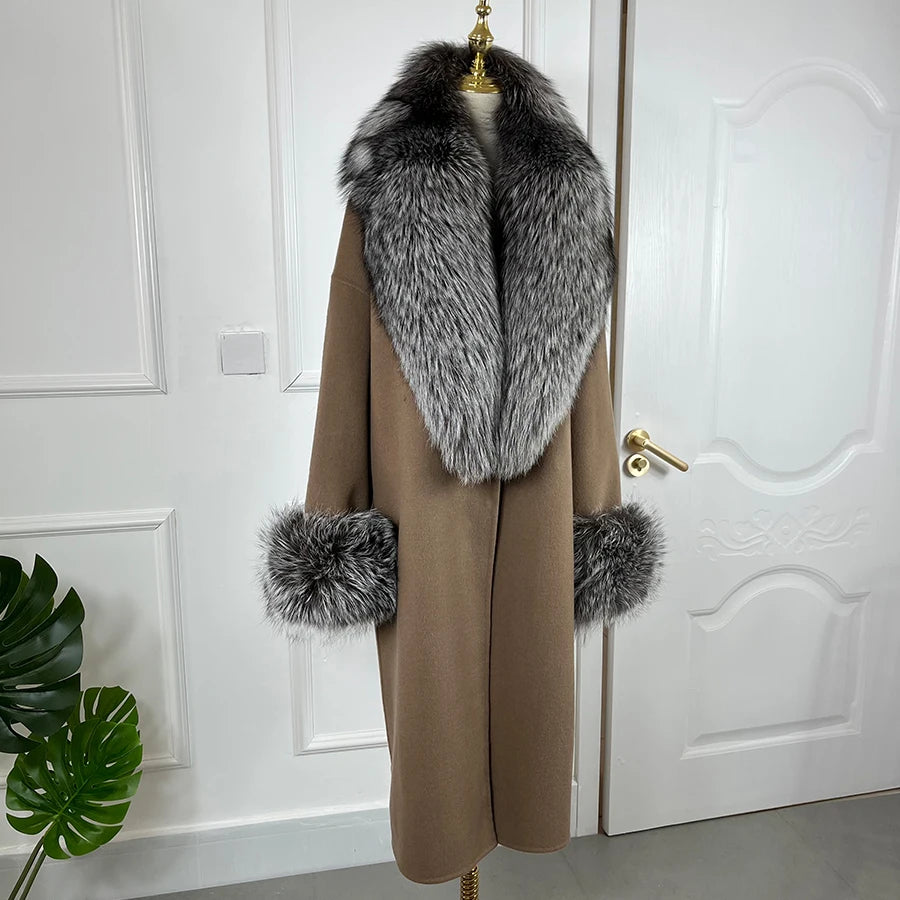 Cashmere Long Wool Coat Big Real Fur Collar Cuffs