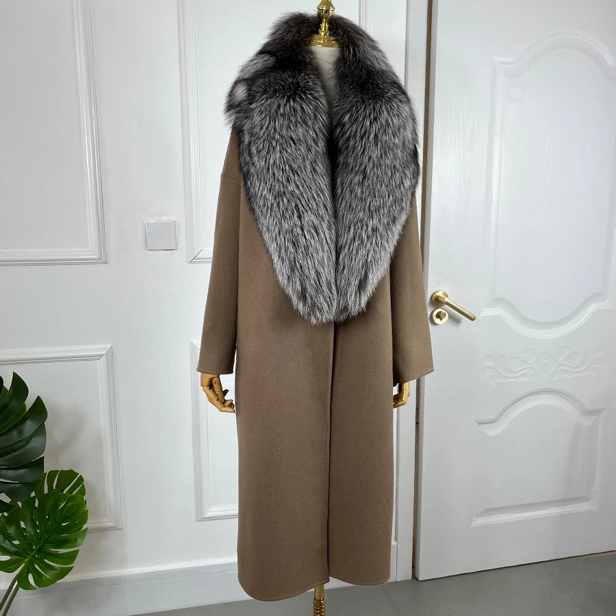 Cashmere Long Wool Coat Big Real Fur Collar Cuffs