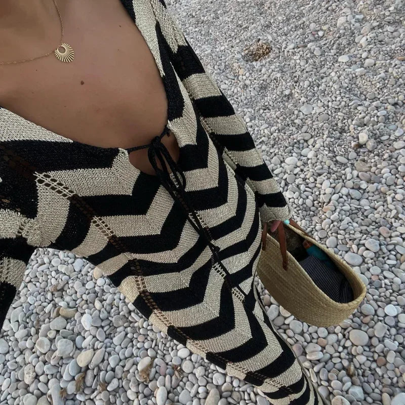 Striped Knitted Long Sleeve Long Dress