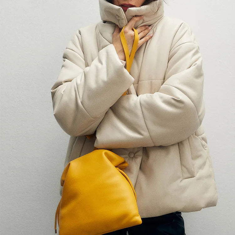 Genuine Leather Down Coat Winter Women Sheepskin Big Collar Design Loose Bread Clothes 90 Goose Down Coffe Short Jaqueta Puffer