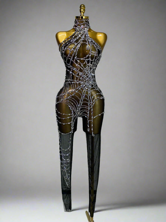 Rhinestone Web Mesh Jumpsuits