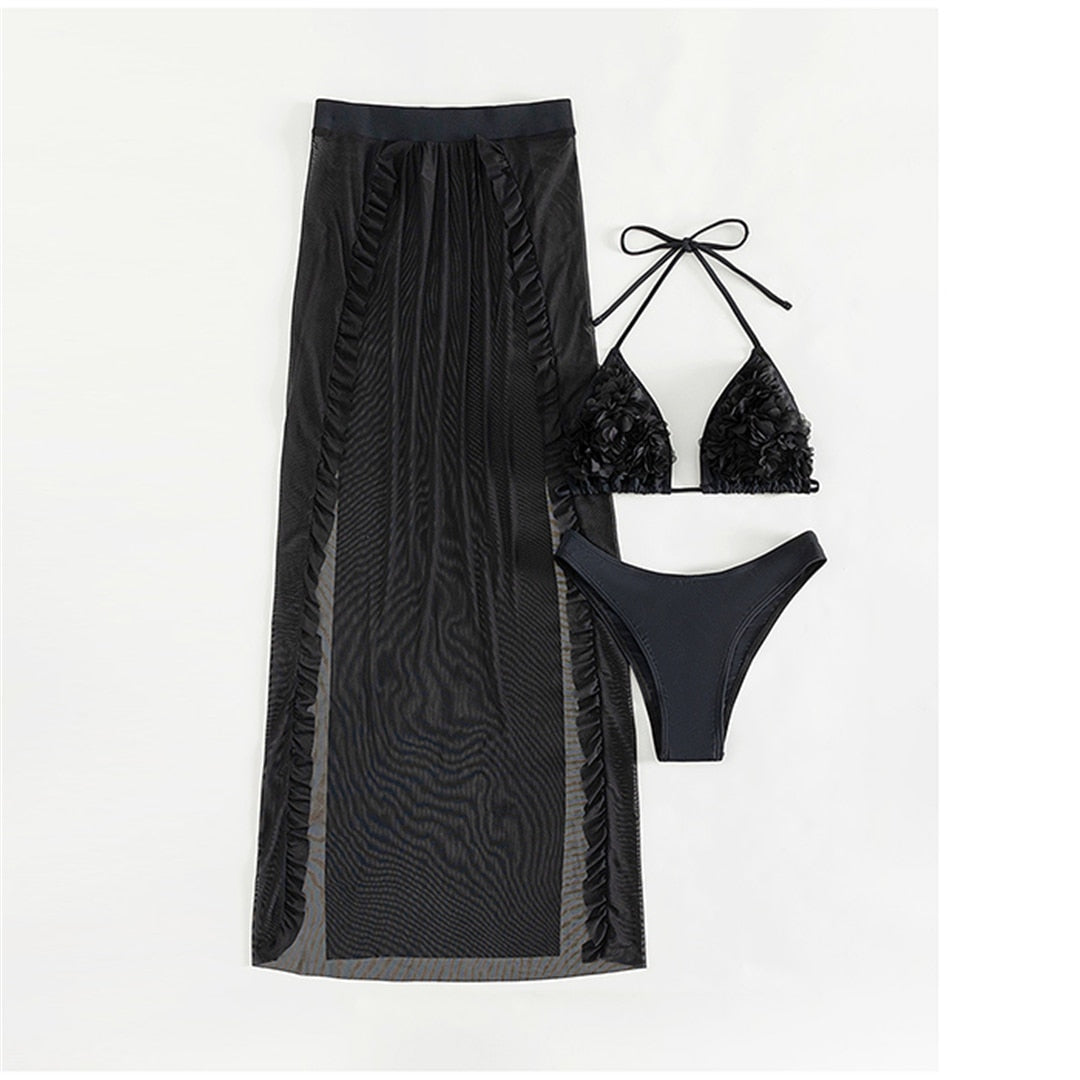 Black Bikini & Long Mesh Skirt Set