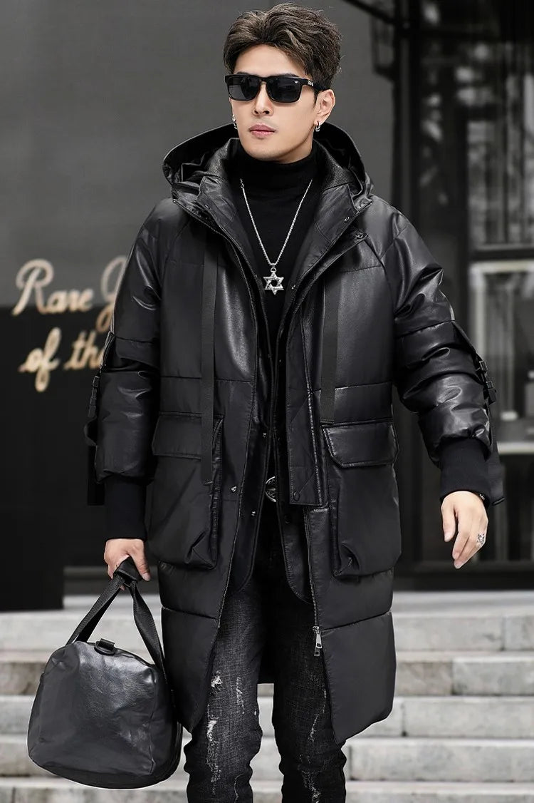 Genuine Leather Long Trench Down Coat Hooded