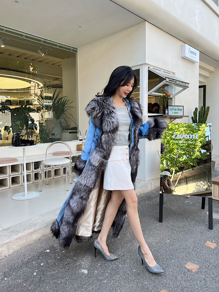 Luxury Real Rabbit Fur X-Long Coats Real Fur Lapel Collar