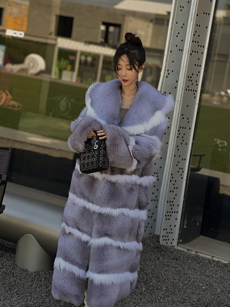 Luxury X-Long Fur Coat Detachable Big Fur Collar