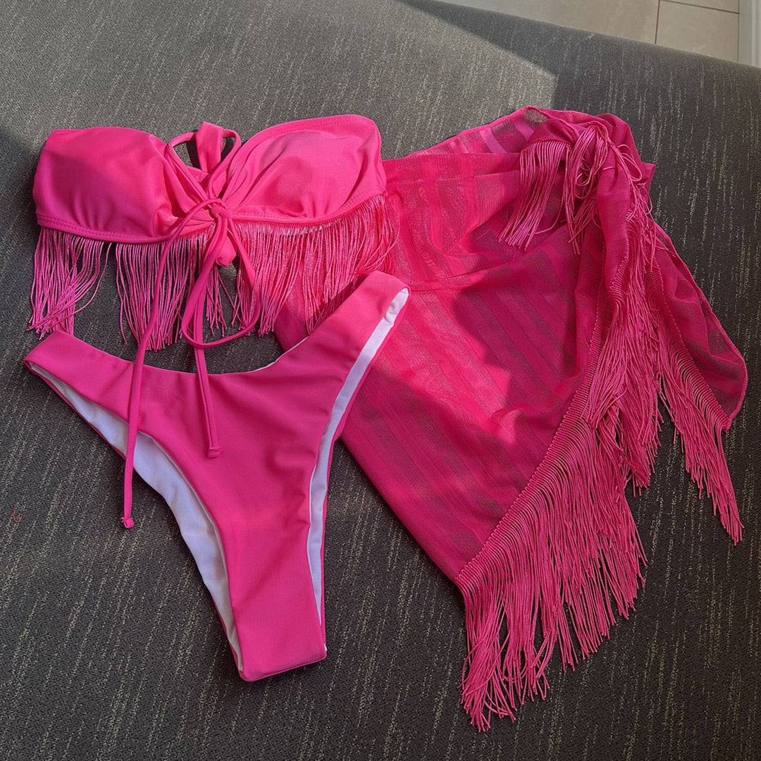 Sarong Fringe Tassel Bikini Sets & Mini Skirt