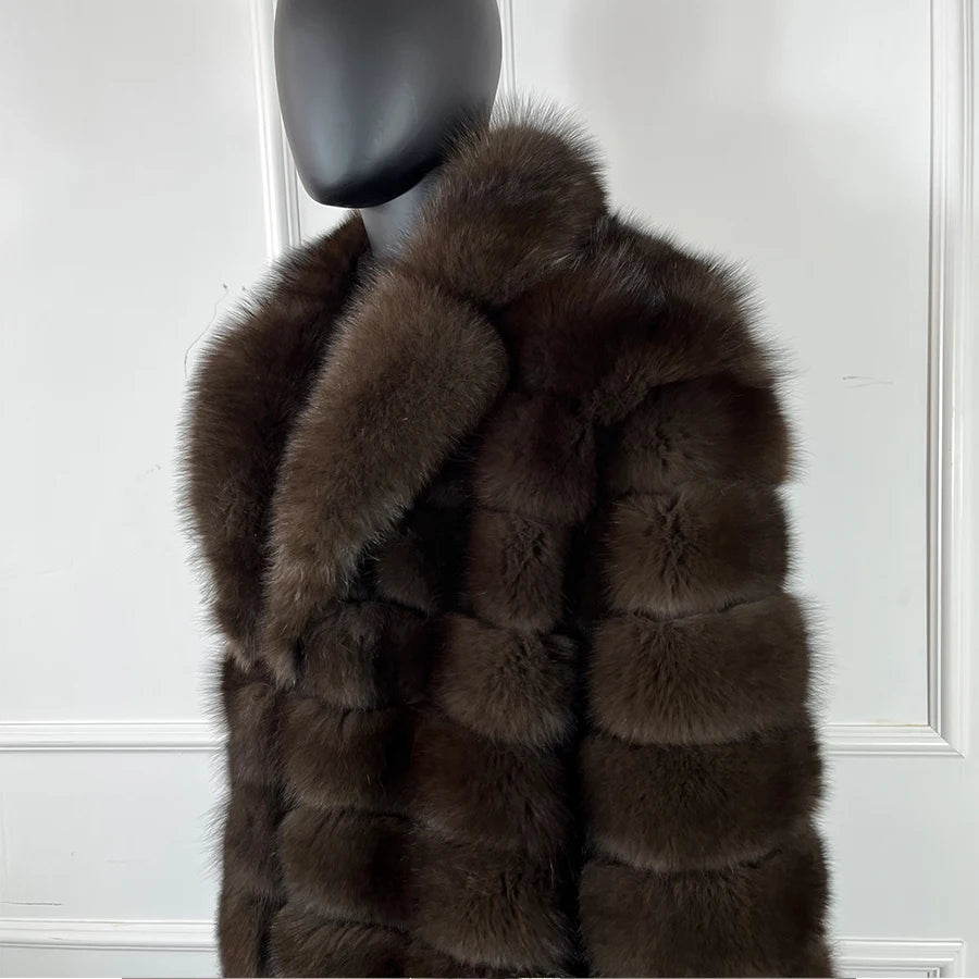 Brown Pattern Real Fox Fur Long Coat