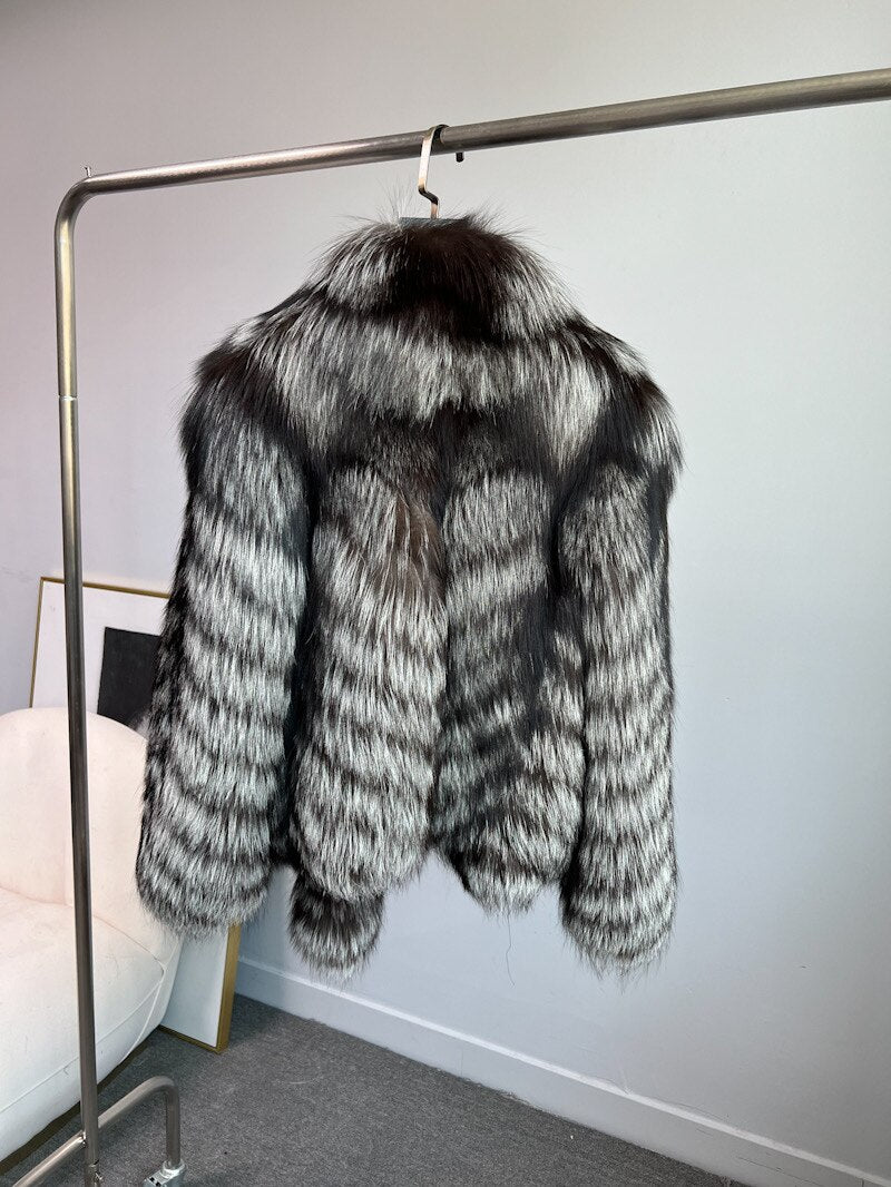 Dark Silver Big Collar Real Fur Coat