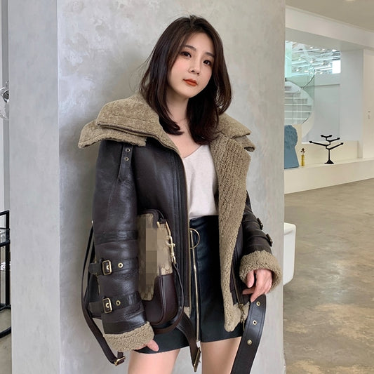 Double Collar Genuine Leather Coats Real Fur Shearling