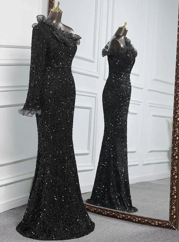 Sequins One Sleeve Lace Floor-Length Dresses