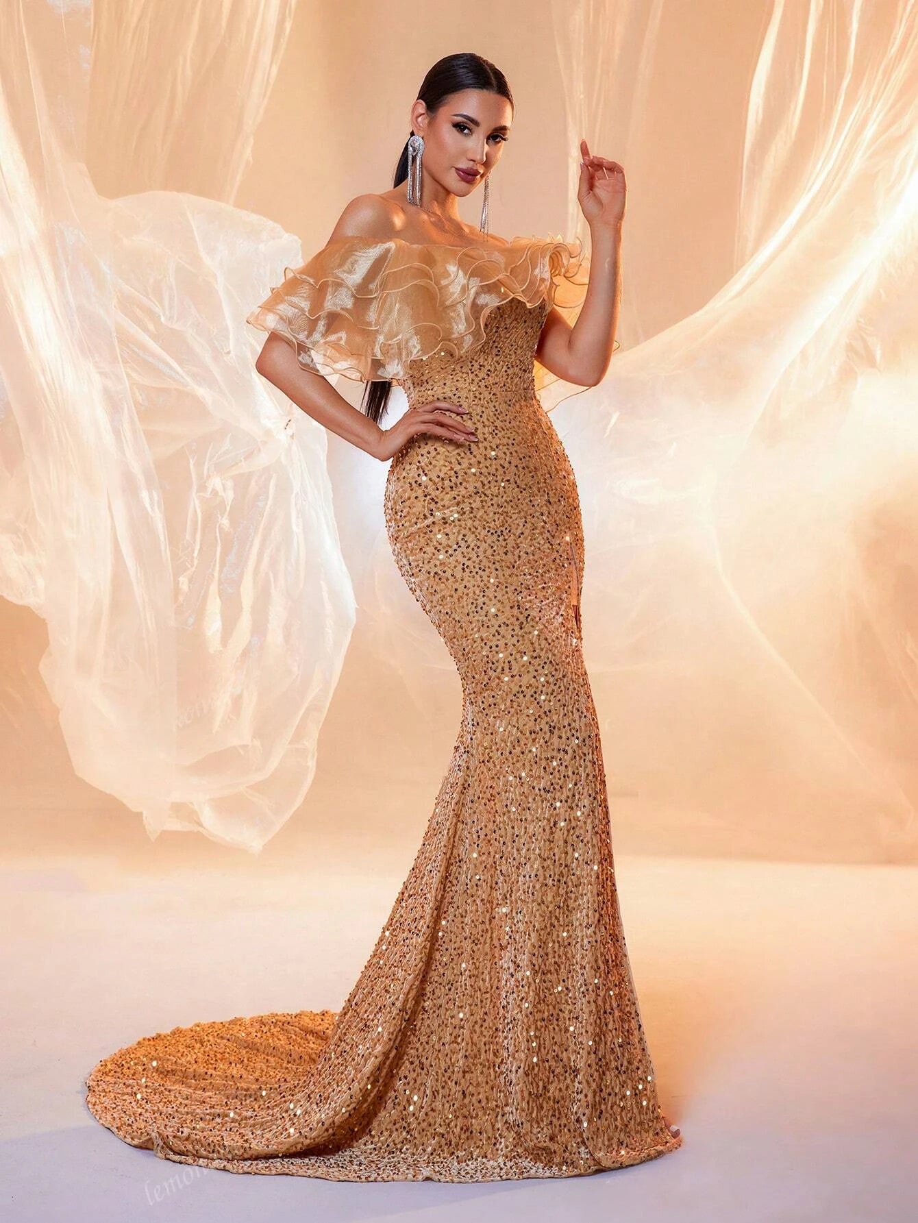 Off-Shoulder Sequin Slit Long Mermaid Dress