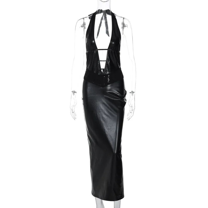 PU Leather Hollow Backless Maxi Dress