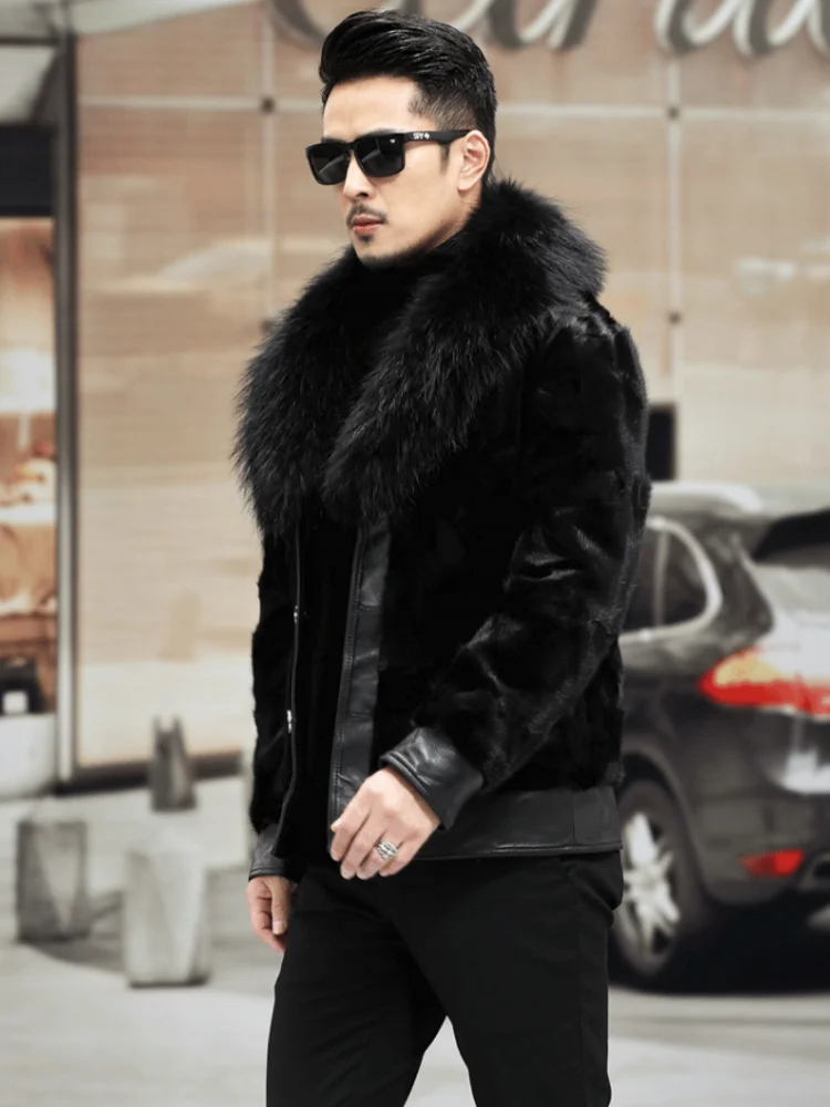 Real Mink Fur Coat Genuine Leather Real Fur Collar