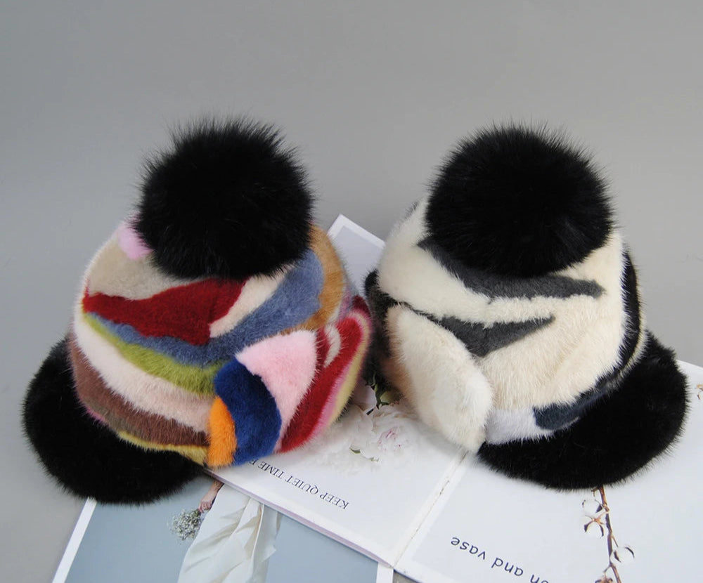 Colorful Real Mink Fur Bomber Hats Fur Pompom