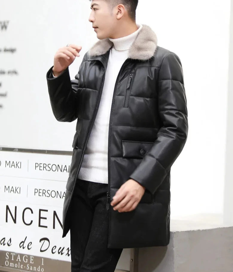 Genuine Leather Down Coats Real Mink Fur Collar