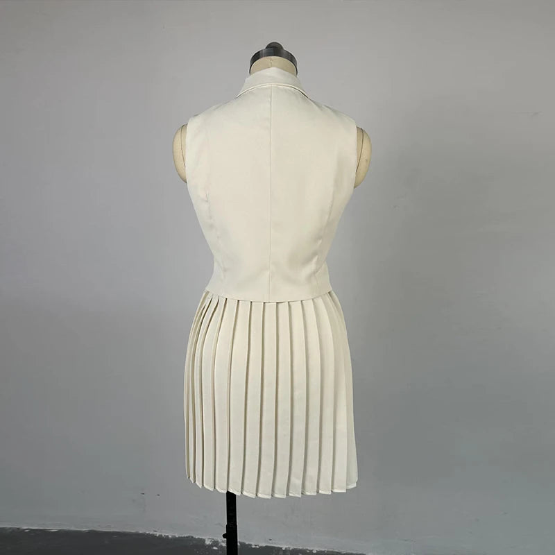 Double Breasted Vest & Pleated Skirts Sets