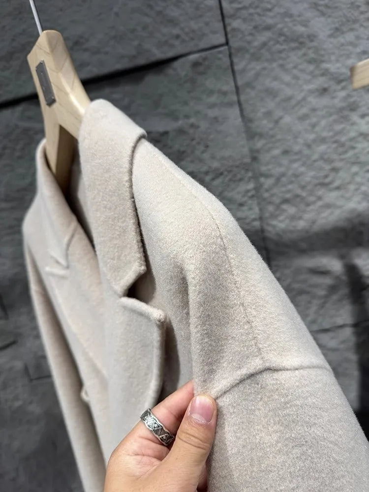 Long Double Breasted Wool Trench Coat