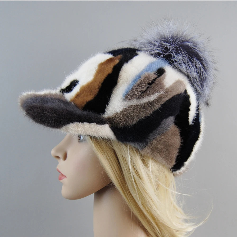 Colorful Real Mink Fur Bomber Hats Fur Pompom