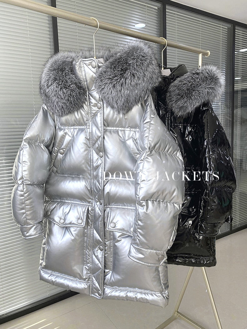 Glossy Duck Down Waterproof Big Puffer Coats Real Fur Parkas