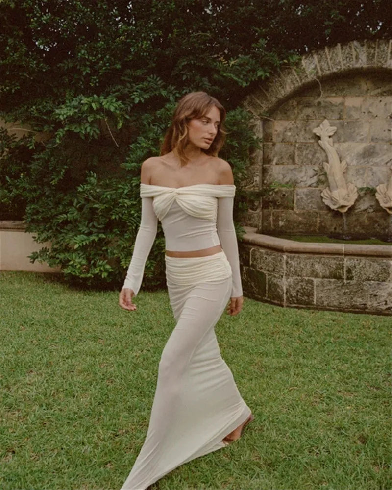 Off-shoulder Sheer Sleeved Crop & Long Skirt Sets