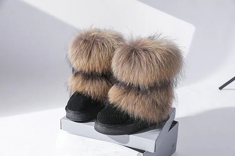 Genuine Leather Waterproof Snow Boots Real Fur