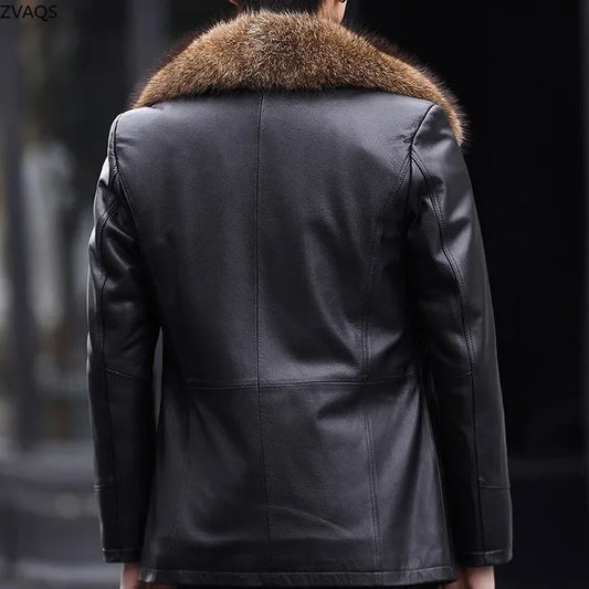 Genuine Leather Coat Real Fur Lining Collar