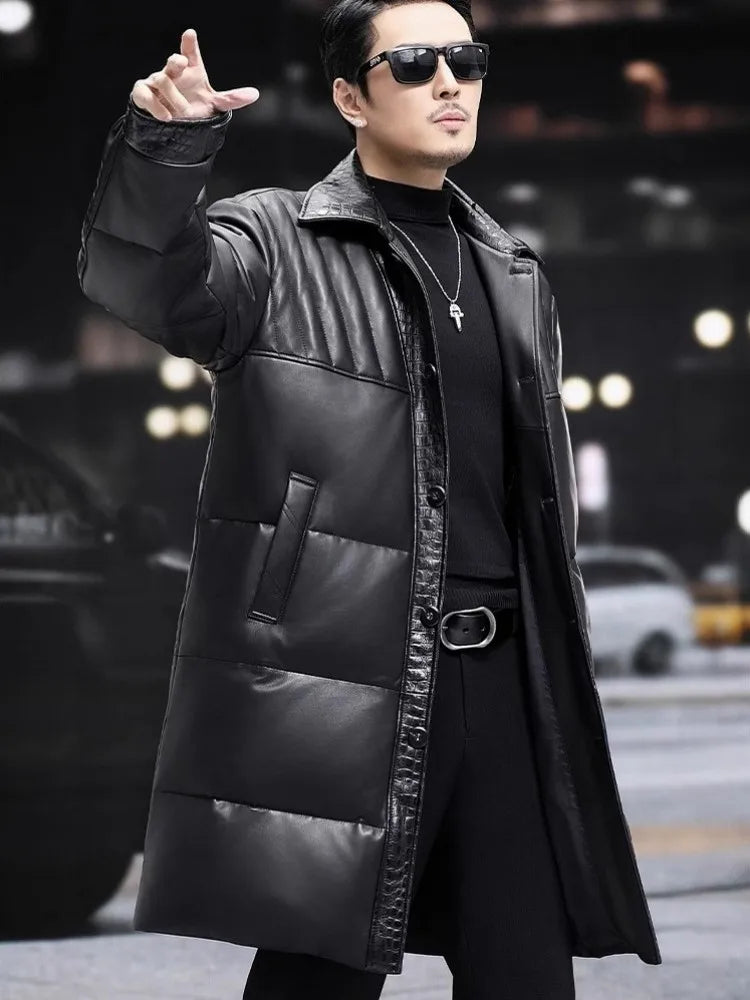 Genuine Leather Down Coat Single Breasted Long