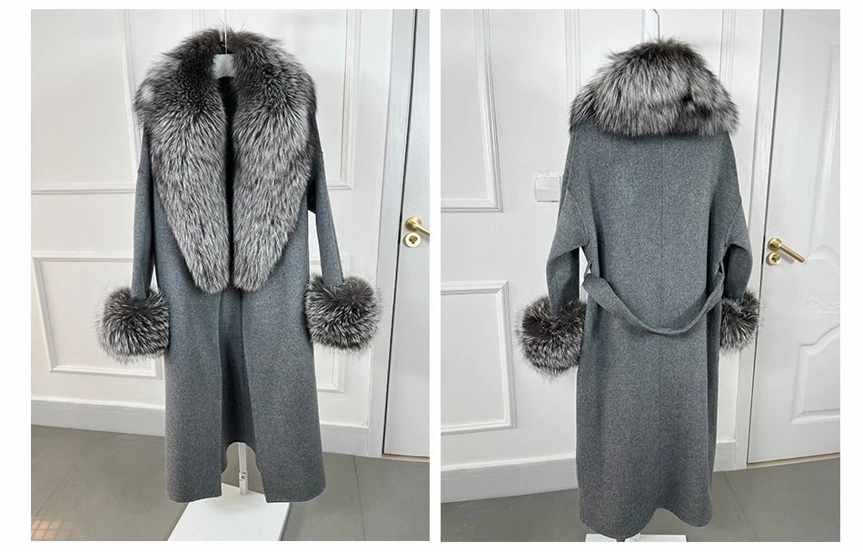 Cashmere Long Wool Coat Big Real Fur Collar Cuffs