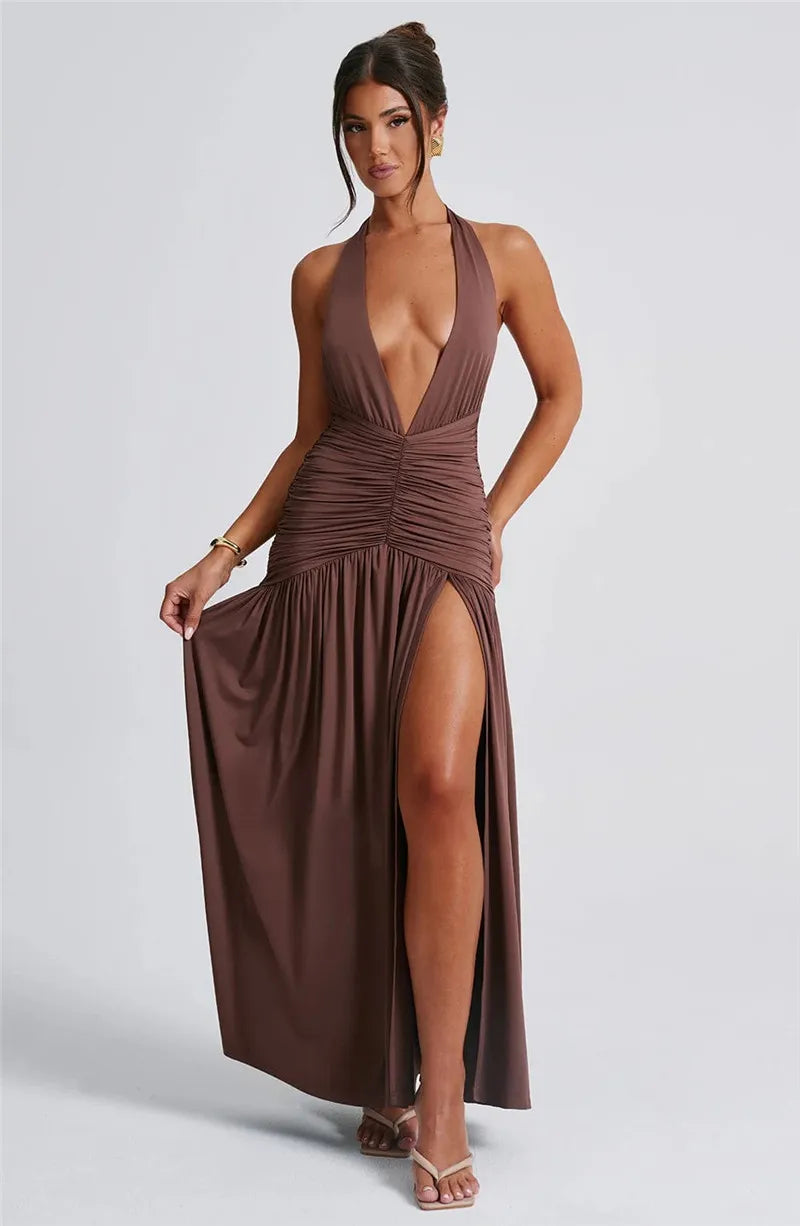 Halter Deep V Thigh High Split Maxi Dresses