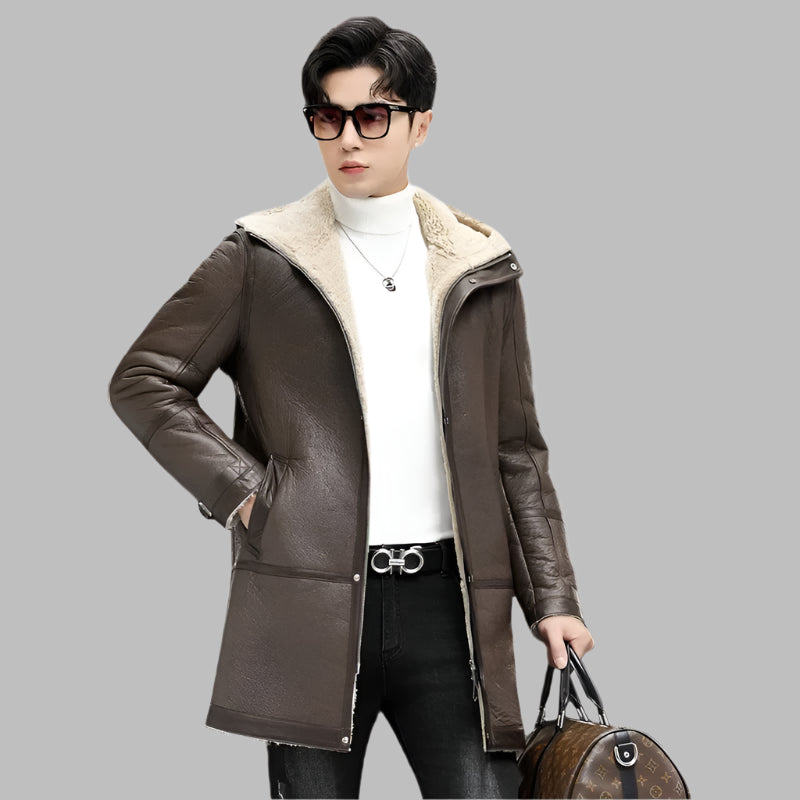 Genuine Leather Mid-length Coats Wool Liner Hooded