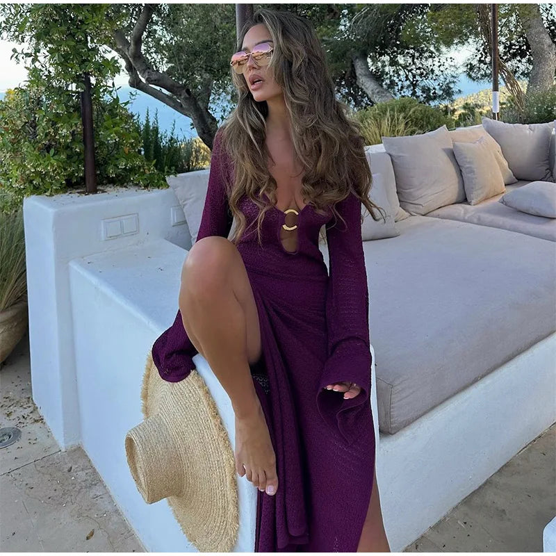 Open Deep V Flare Sleeve High Slit Maxi Dresses