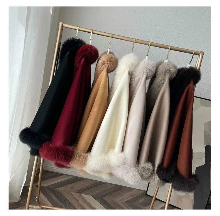 Cashmere Fox Fur Trim Ponchos