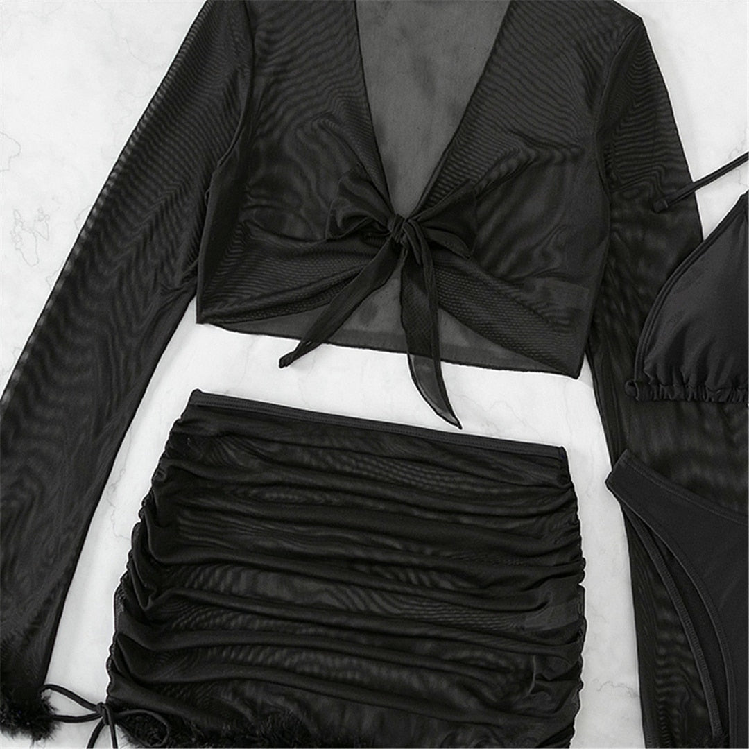 Bikini Set & Mesh Long Sleeve Crop & Mini Skirt 4 Pcs