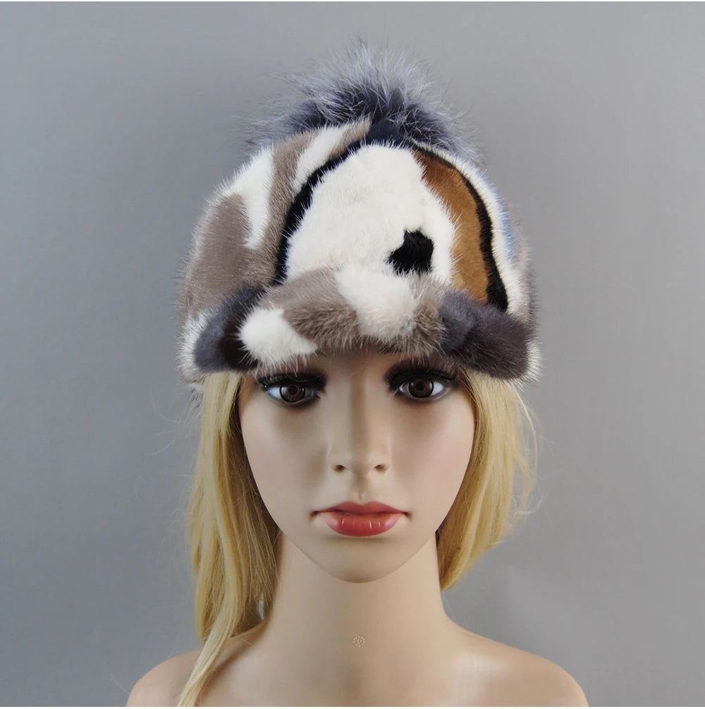 Colorful Real Mink Fur Bomber Hats Fur Pompom