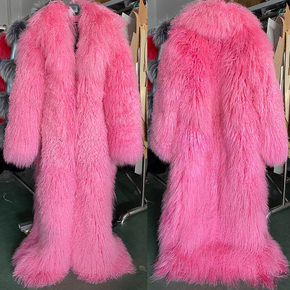 Real Mongolian Wool Fur Floor Length Coats