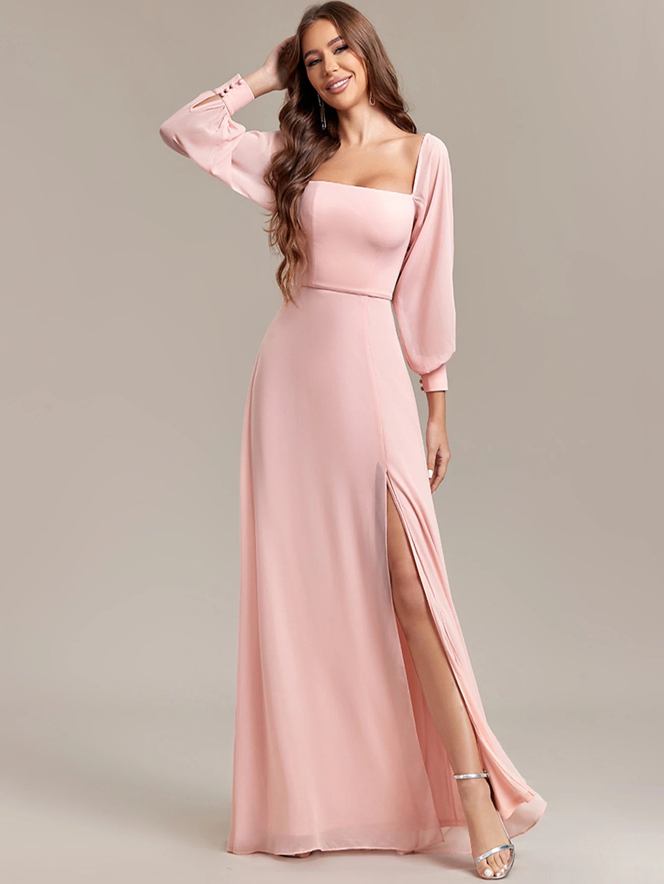 Pink Off Shoulder Chiffon Long Dress