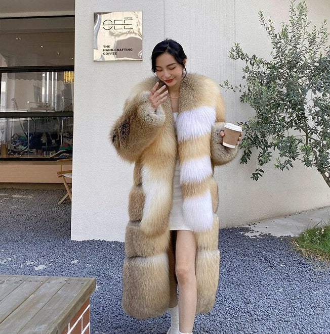 Long Thick Collar Real Fox Fur X-Long Coats