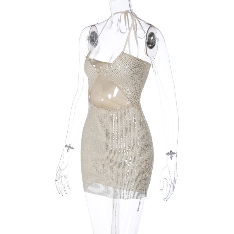 Silver Sequin Hollow Sleeveless Mini Dress
