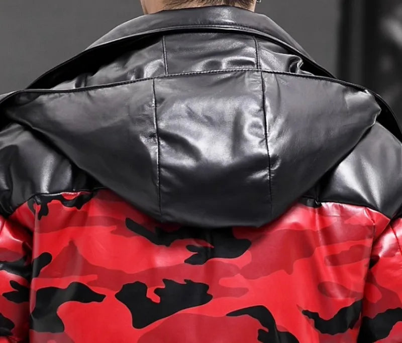 Red Camo Genuine Leather Down Coat