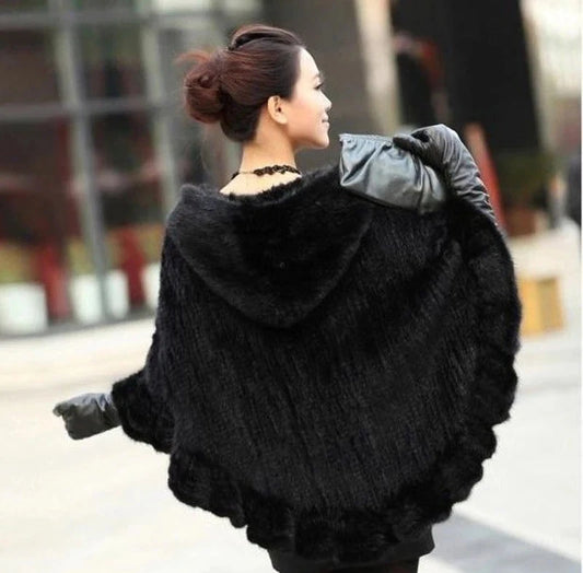 Knitted Real Mink Fur Hooded Ponchos