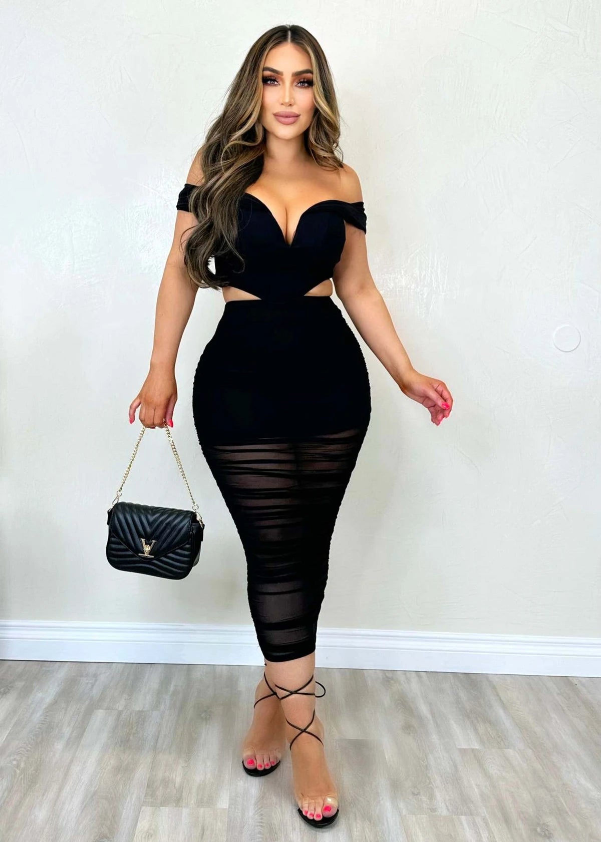 Off Shoulder Mesh Ruched Midi Dresses Sets