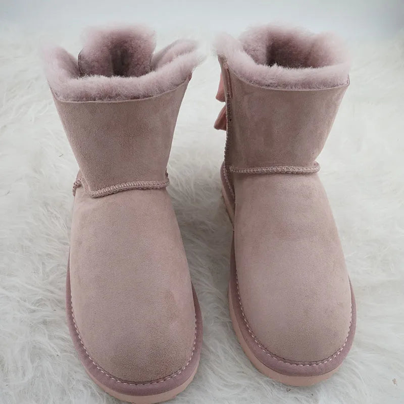 Genuine Leather Snow Boots Velvet Back Bow