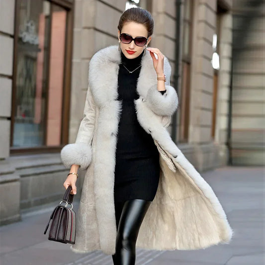 Genuine Leather Long Coat Real Fur Liner & Collar