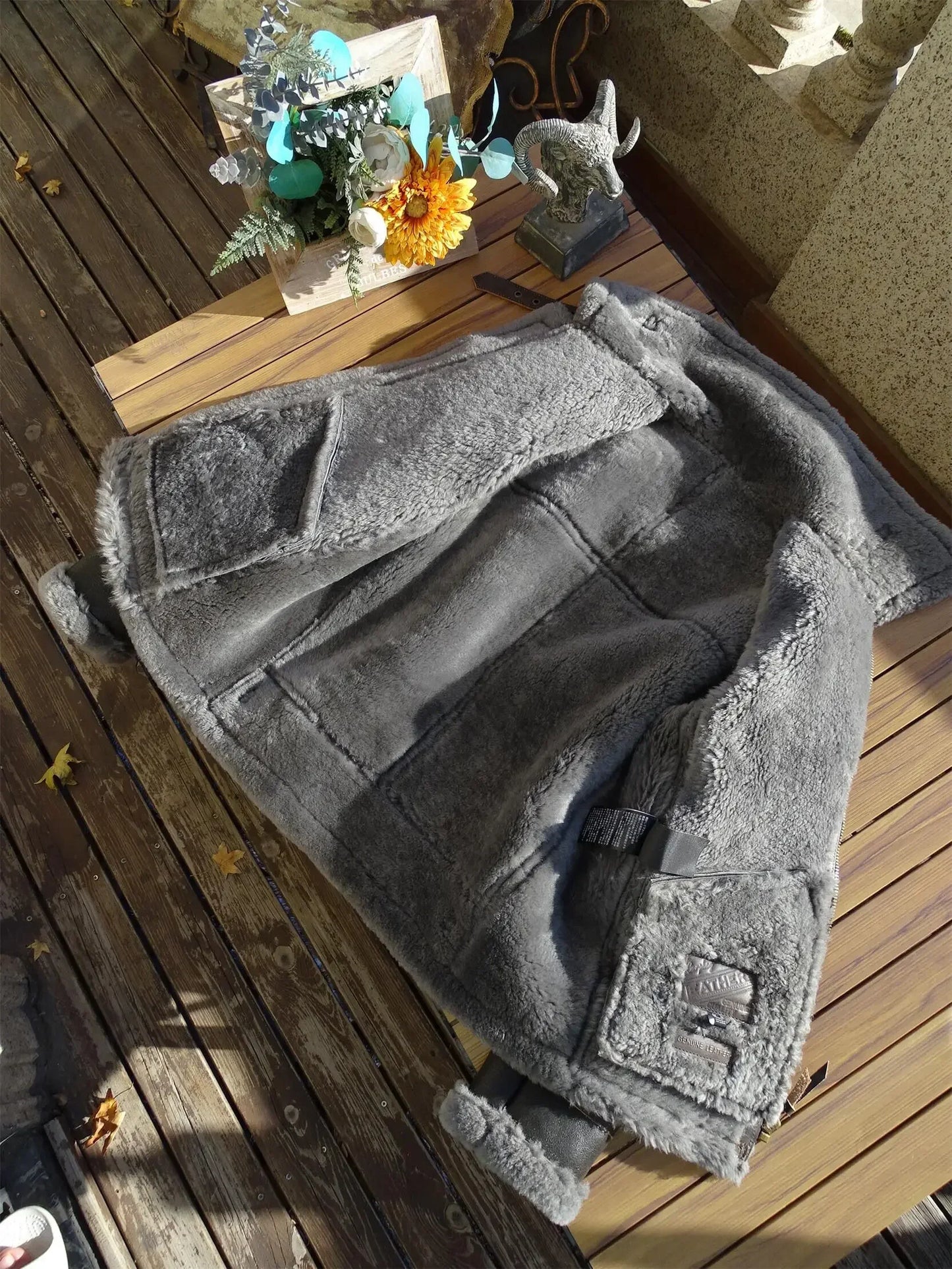 Genuine Leather Coats Shearling Wool Liner Grey