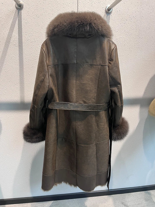 Genuine Leather Long Coats Real Fur Liner Collar Cuffs